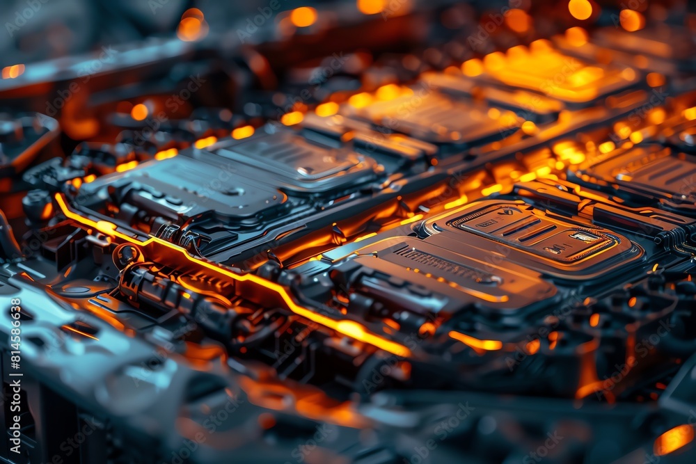 Fototapeta premium Closeup of advanced battery technology for electric vehicles, symbolizing dynamic power and clean energy