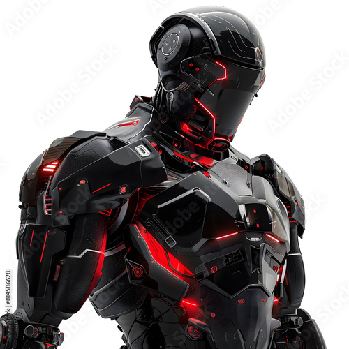 AI black and red robot isolated on a transparent background.