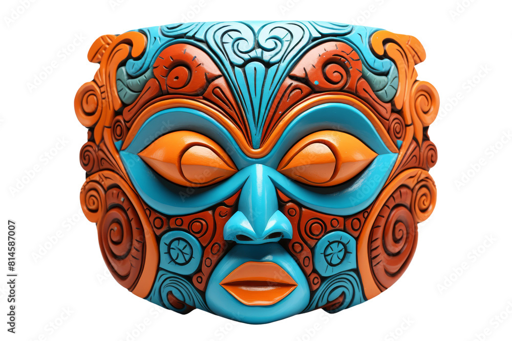 Naklejka premium A blue and orange mask with a blue nose and orange eyes. The mask is made of wood and has a tribal design