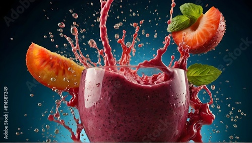 Smoothies, Healthy and vibrant smoothie. Capture dramatic smoothie splash. Creative Dynamic compotition vary angle. Macro Food photography, taken by very high tech expensive camera. Eyecatching, mouth photo