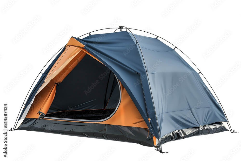 A blue and orange tent with a black and orange floor. The tent is open and ready for use A blue and orange tent with a black and orange floor. The tent is open and ready for use