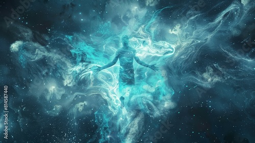 Human soul floats in an abstract space, depicting the astral body and afterlife realms.