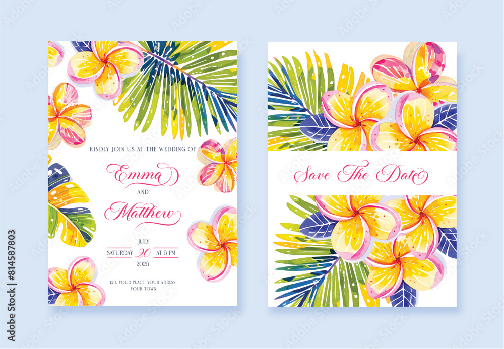 Obraz premium Watercolor tropical wedding invite vector