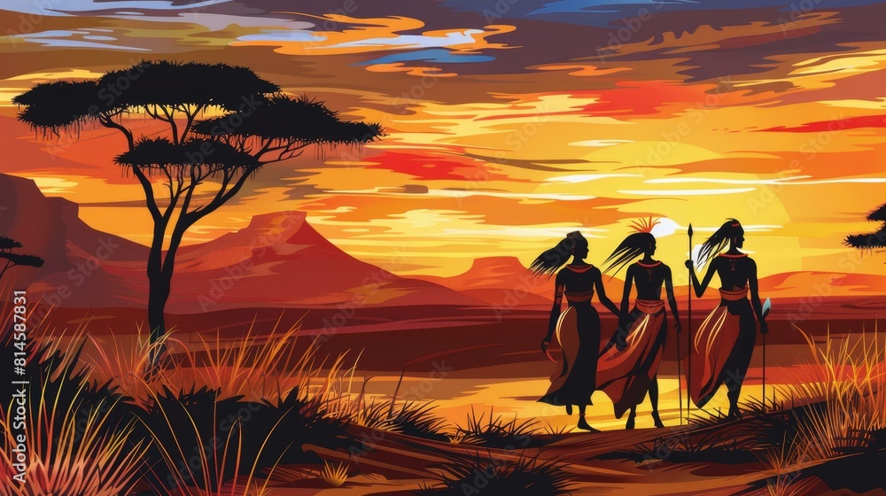 Fototapeta premium Silhouettes of Africans at sunset in the desert.