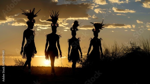 Silhouettes of African aborigines at sunset in the desert.