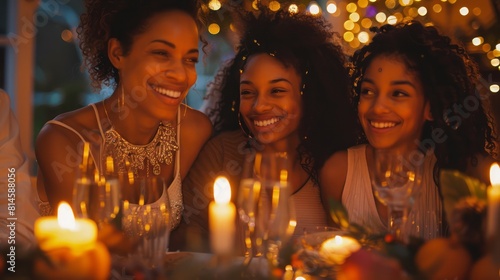 A festive celebration of an LGBTQ+ family, two mothers and their two daughters, celebrating a special occasion over a beautifully decorated dinner table, candles flickering, and smiles radiating from photo