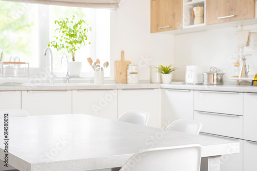 Empty dining table with chairs in modern kitchen furniture interior of pastel color © didecs