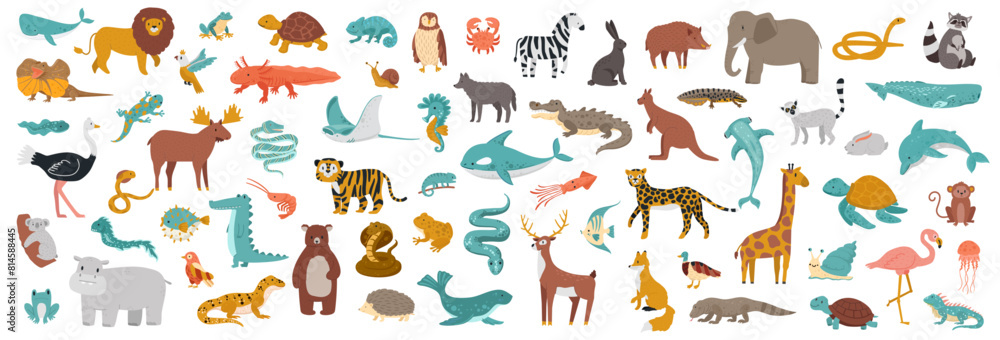Big set of animals. Domestic and wild fauna. Cute characters as reptiles, birds, fish and mammals. Exotic flamingo
