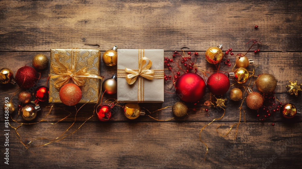 Naklejka premium from above red and gold christmas decorations on a rustic wooden background, copy space, seasonal concept