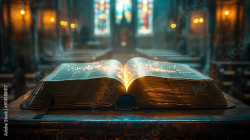 Open Holy bible book with glowing lights in church