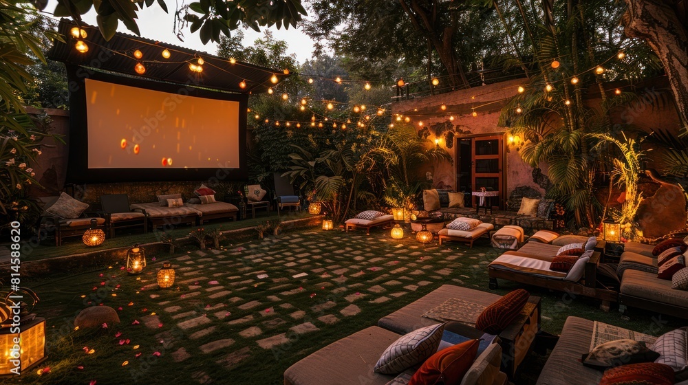 Summer movie theater with outdoor projector screen and seating for