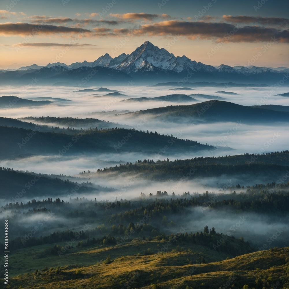A breathtaking panorama of mist-covered mountains in the distance.


