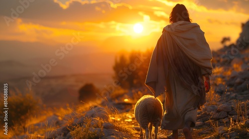 Bright sunlight shines on shepherd Jesus Christ leading sheep