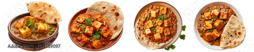 Tapety artystyczne mutter panner with roti in bowl handi, green peas, and cottage cheese curry with bread, isolated transparent png, Indian traditional local food dish