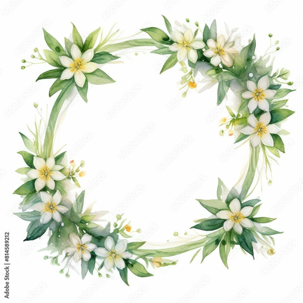 edelweiss themed frame or border for photos and text. with small white flowers and green leaves. watercolor illustration, Invitation card with wreath, frame and floral elements for creative own design edelweiss themed frame or border for photos and text. with small white flowers and green leaves. watercolor illustration, Invitation card with wreath, frame and floral elements for creative own design