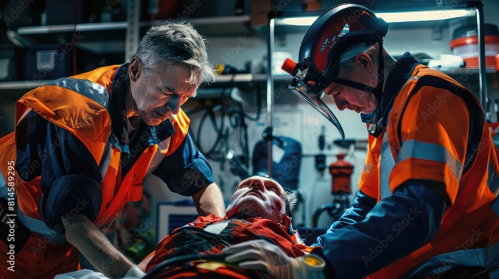 An intense moment captured as rescue team members collaborate to secure an injured patient onto an emergency bed and apply a neck splint for spinal protection.