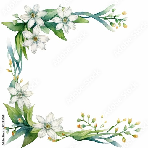 Fototapeta Naklejka Na Ścianę i Meble -  edelweiss themed frame or border for photos and text. with small white flowers and green leaves. watercolor illustration, Invitation card with wreath, frame and floral elements for creative own design