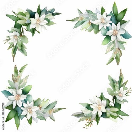 edelweiss themed frame or border for photos and text. with small white flowers and green leaves. watercolor illustration, Invitation card with wreath, frame and floral elements for creative own design