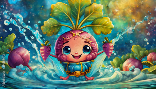 oil painting style cartoon character cute radish in water splash 