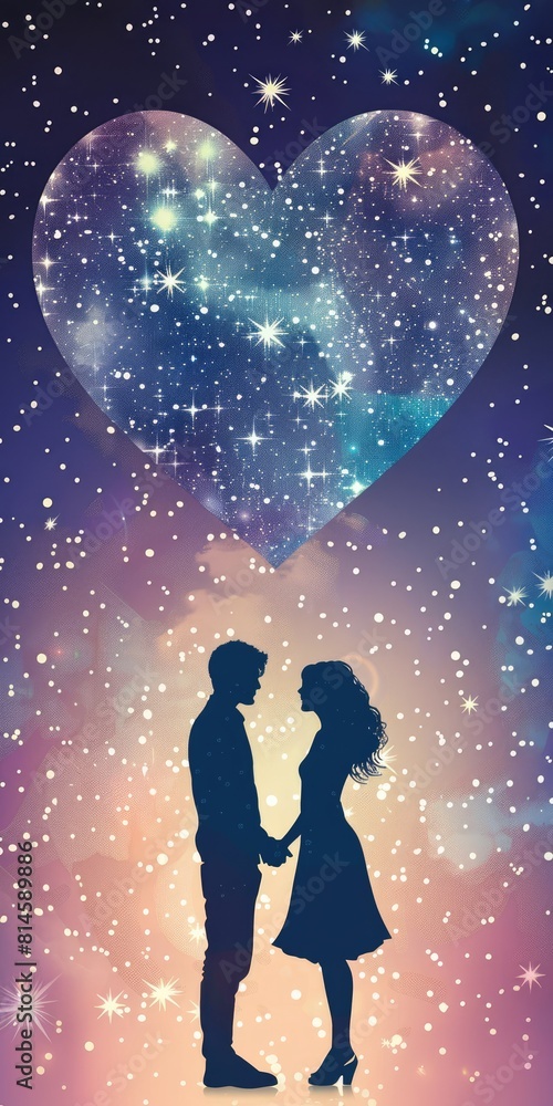 Fototapeta premium Astrological compatibility of the couple. Against a background of heart-shaped stars