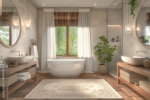 Beige bathroom interior with double sink and mirror  carpet on hardwood floor. Bathing accessories and window in hotel studio. 3D rendering
