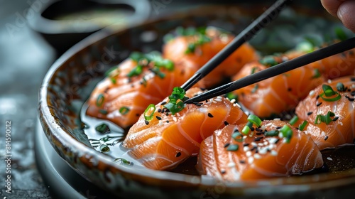 salmon sashimi topped with sesame seeds and green onions, served with soy sauce