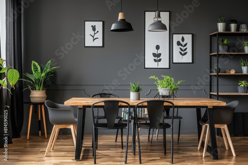 Black and white dining room with wooden table and posters 
