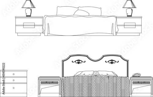 vector illustration sketch design drawing of bed with modern classic vintage ethnic bedroom interior design