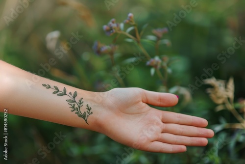 Nature's Mark: Delicate Botanical Tattoo Embracing Eco-conscious Art - Generative AI