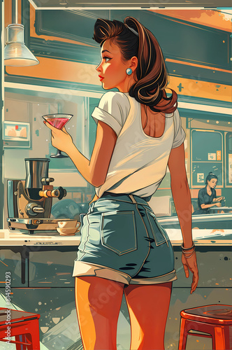Illustration of woman in a white shirt and denim shorts standing in a bar