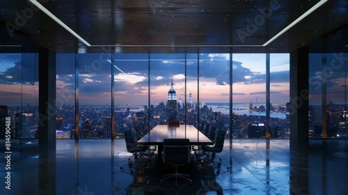 An ultra-realistic image of a modern  sleek boardroom with a city skyline view  symbolizing strategy and leadership 