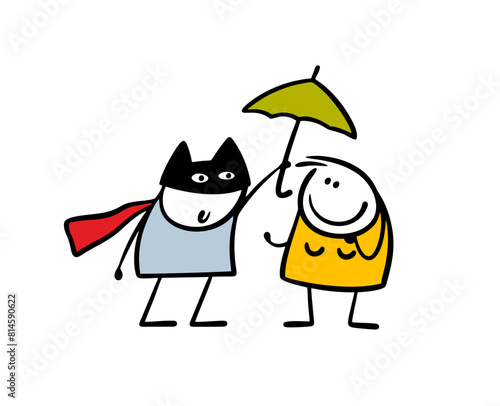 Brave cartoon masked superhero stickman protects a weak woman from the rain, holds an umbrella. Vector illustration of a man and a girl in bad weather together. Isolated on white background.