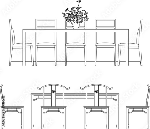 vector illustration sketch design drawing of classic vintage ethnic room chairs in the dining room interior