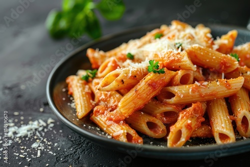 Delicious Penne Pasta with Rich Tomato Sauce and Parmesan on a Dark Plate - Generative AI