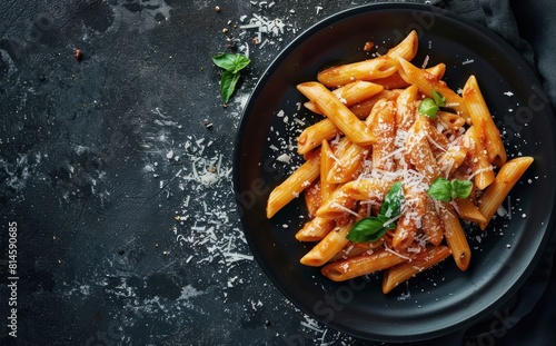 Delicious Penne Pasta with Rich Tomato Sauce and Parmesan on a Dark Plate - Generative AI