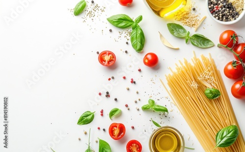 Vibrant Flat Lay of Raw Spaghetti, Ripe Tomatoes, and Basil Generative AI © Gelpi