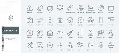 Electric energy and supply thin black and red line icons set vector illustration. Outline toolbox of electrician and household appliances symbols, circuit and high voltage power poles, LED lamp