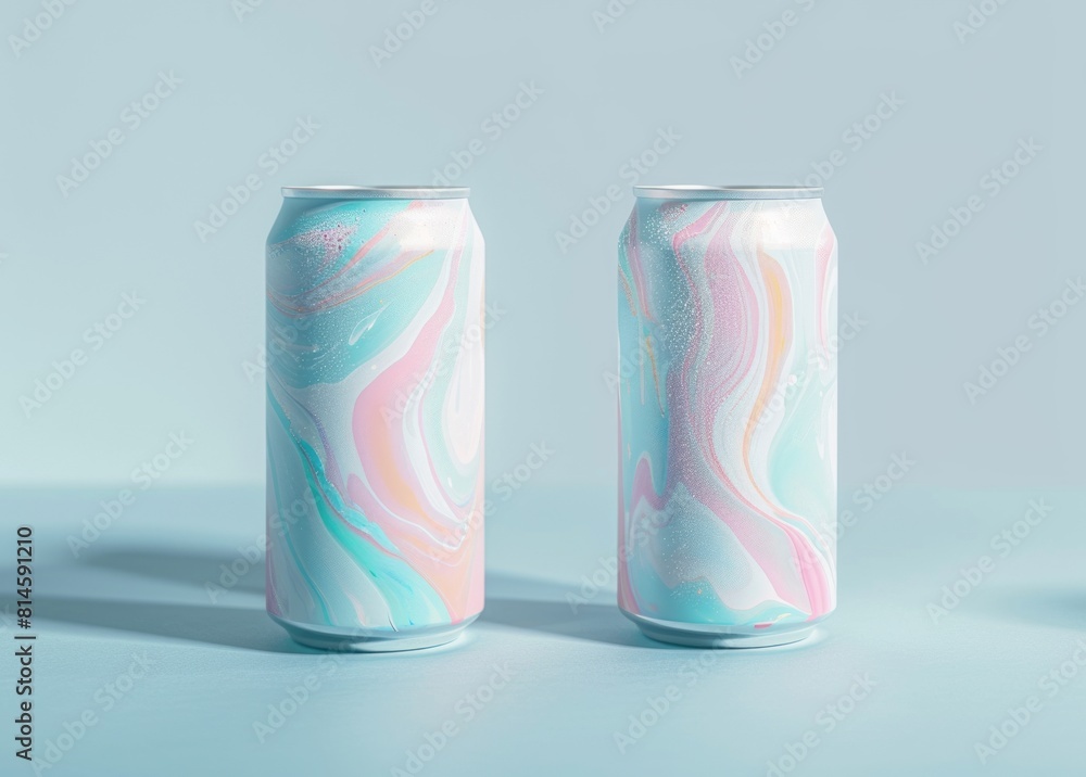 Fototapeta premium Close-up of two different colorful aluminum drink cans on a blue background.