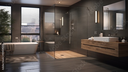 Minimalist Bathroom with WalkIn Shower A sleek and modern bathroom featuring a spacious walkin shower with a rainfall showerhead Geometric tiles photo