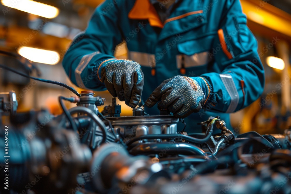 A mechanic wearing gloves works on car engine parts, adjusting components on a workbench. A mechanic wearing gloves works on car engine parts, adjusting components on a workbench.
