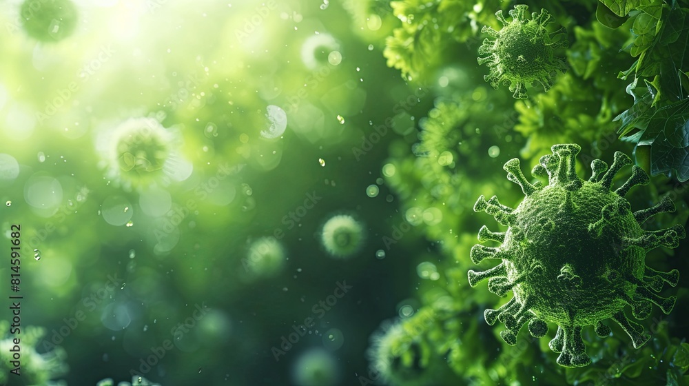 Close up of green microbes, molecules, viruses and bacteria Close up of green microbes, molecules, viruses and bacteria