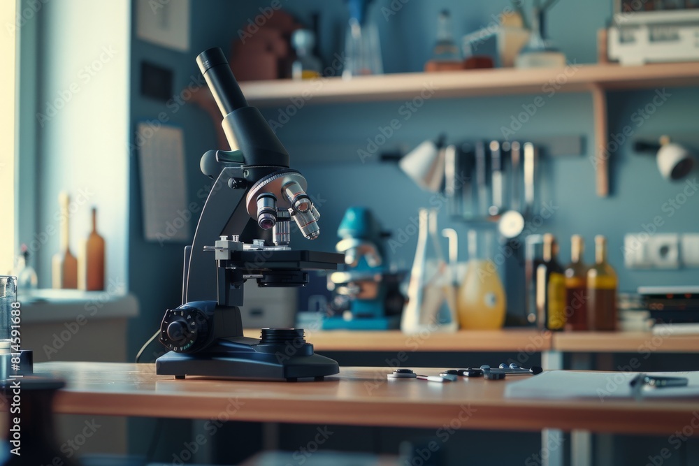 Close-up view Of Microscope And Laboratory Equipment's On Empty Desk In Science Laboratory Close-up view Of Microscope And Laboratory Equipment's On Empty Desk In Science Laboratory