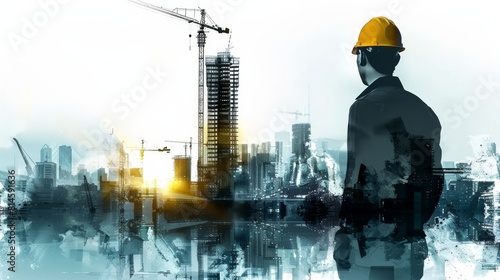 illustration digital building construction engineering with double exposure graphic design. Building engineers, architect people or construction workers working