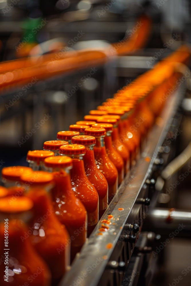 Red bottles of ketchup on a conveyor belt in a food processing plant.