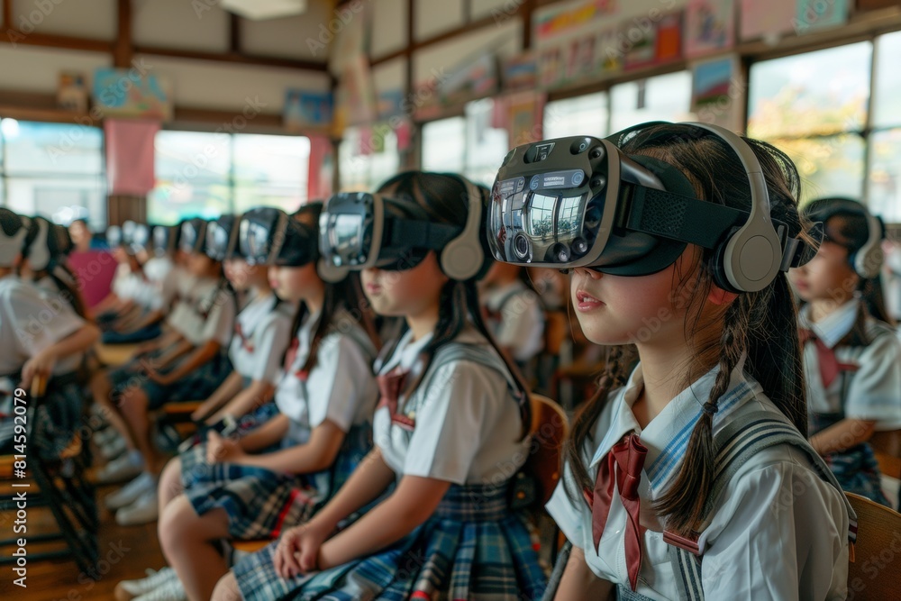 A row of students in uniforms wearing VR headsets and headphones sits attentively in a classroom. A row of students in uniforms wearing VR headsets and headphones sits attentively in a classroom.