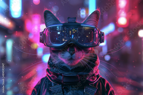 A cat with a VR headset on, bathed in neon pink and blue lights.