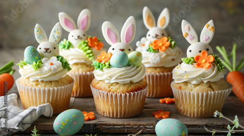 Easter cupcakes with bunny eggs flowers