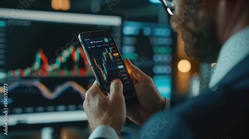 An affluent investor in formal attire monitoring his investments on a smartphone, with a digital interface displaying dynamic forex charts, cryptocurrency values, and candlestick graphs. photo