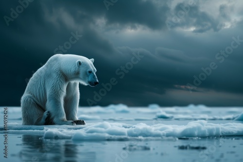 Lone polar bear sitting on melting sea ice  a poignant image of the species  struggle for survival amidst climate change.