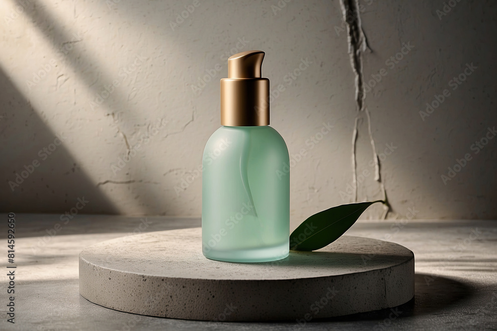 Cosmetic background. Containers for cosmetic bottles with plant leaves and hard shadows Cosmetic background. Containers for cosmetic bottles with plant leaves and hard shadows